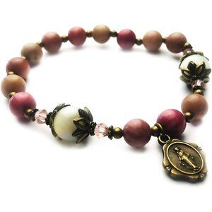Pink Rhodonite Mother of Pearl Catholic Rosary Bracelet for Women